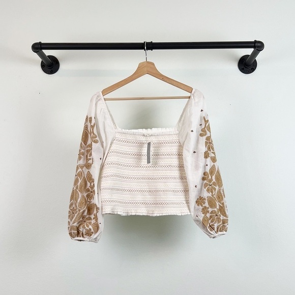 NWT Anthropologie Smocked Embroidered Puff Sleeve Square Neck Top - Picture 4 of 7